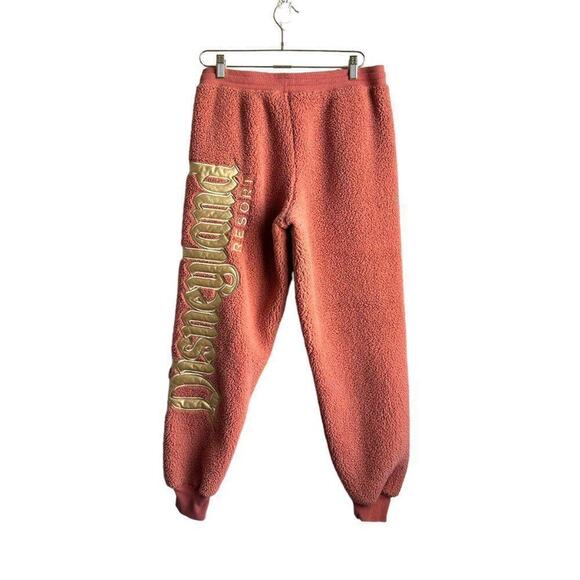 Disney Spirit Sweat Pants Women's M Rust Pink Gold Spell Out Sherpa Fleece - Picture 2 of 8